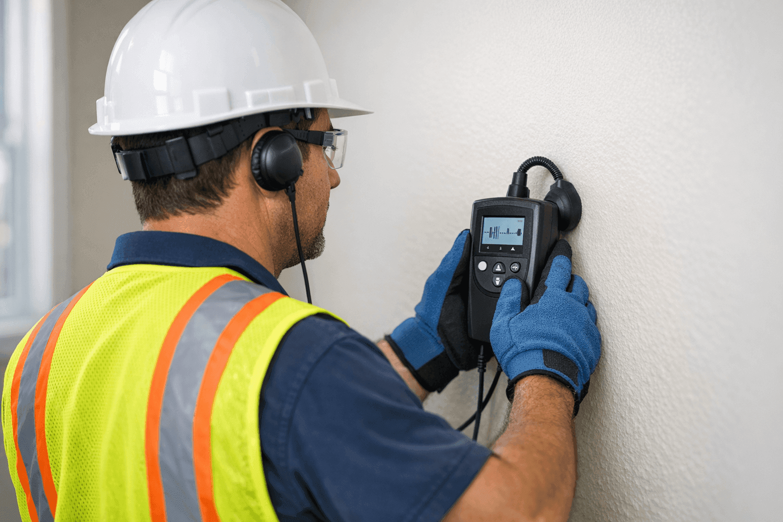 Plumber using electronic leak detection tool on wall