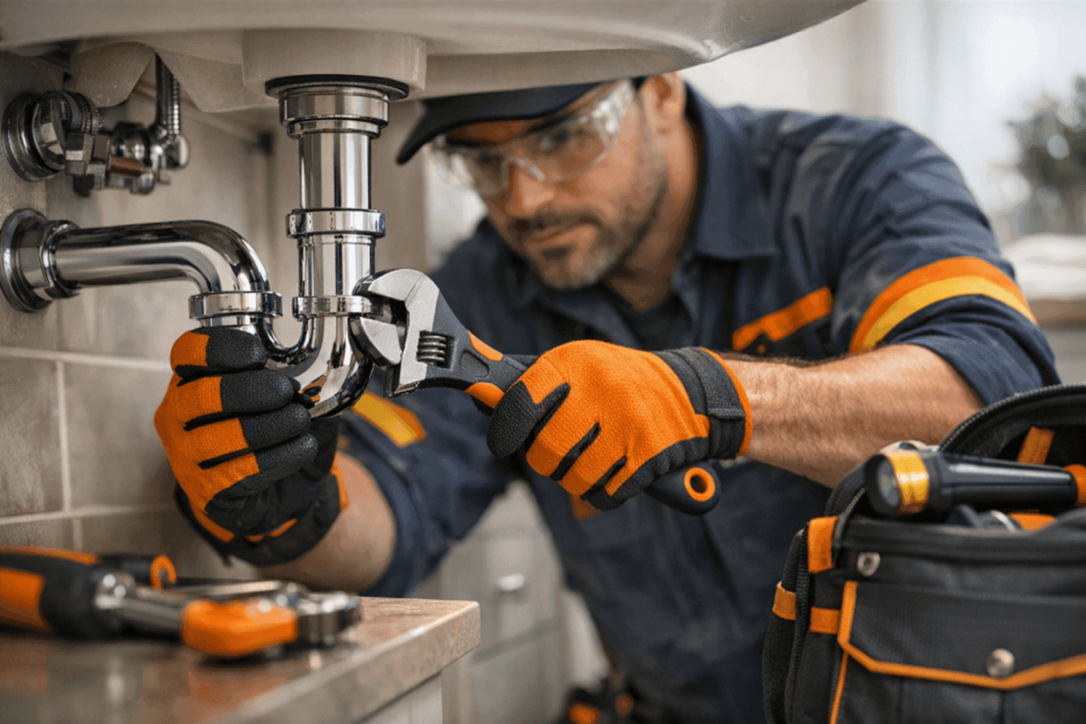 Plumber in PPE using wrench on pipe under bathroom sink in clean home