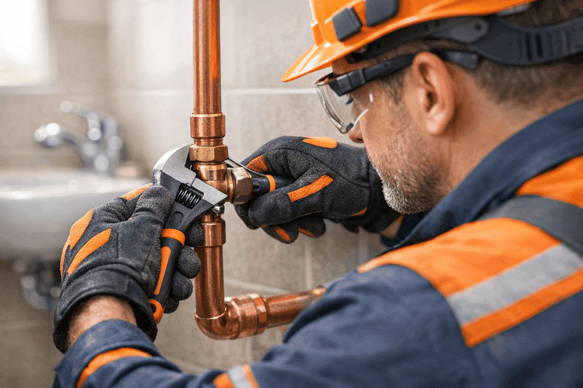 Gloved plumber tightening copper pipe joint with wrench in residential bathroom